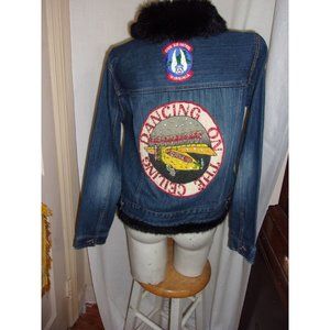 Vintage Blue Jean Jacket/Faux Fur Military Patches/Large/Route 66